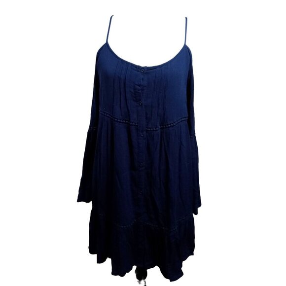 Paper Crane Womens Navy Blue Spaghetti Strap Off Shoulder Long Flare Sleeve Dres - Picture 4 of 8